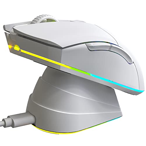KLIM Blaze Pro Rato sem fios RGB recarregável com estação de carregamento, novidade – sensor de alta precisão com bateria de longa duração, até 6000 dpi – rato sem fios com cabo - branco