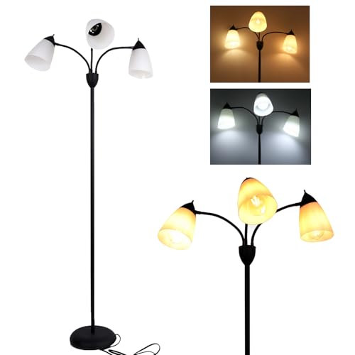 FIRVRE 3 Interruptor de luz independente preto candeeiro de pé alto poste candeeiro de leitura E27 moderno com braços de metal ajustáveis de 360 ° telas brancas de PVC para estúdio quarto