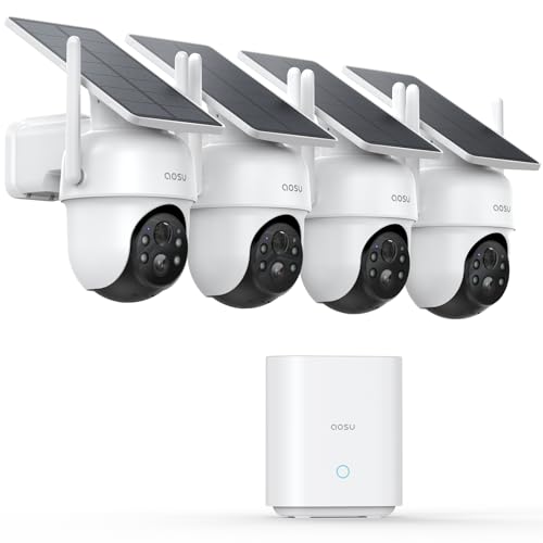 AOSU 2K Câmara de vigilância solar exterior, kit de 4 câmaras e homebase, 360° Pão e Tilt, sem subscrição, 32 GB local, seguimento automático, áudio bidirecional visão noturna cor WiFi 5G e 2,4 G