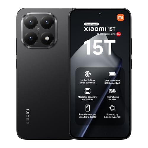 XIAOMI 15T Smartphone de 12 + 256 GB, lente ótica Leica Summilux, MediaTek Dimensity 8400-Ultra, ecrã olho cuidado de 6,83" de 120 Hz, HyperCharge de 67 W, carregador não incluído, preto (versão ES)