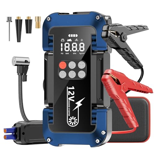 Tyonto Arrancador de baterias de carro com compressor de ar, 12 V 4000 A iniciador de carro portátil com insuflador de 150 PSI (para toda a gasolina ou 8 L gasolina), banco de energia de arranque