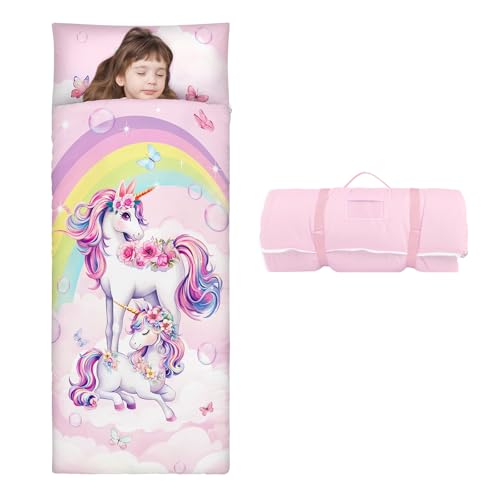 Tapete de sesta quente para crianças pequenas com almofada removível, saco de dormir dobrável para meninas e meninos, saco de dormir com fecho de correr para acampar sesta, 150 × 60 cm