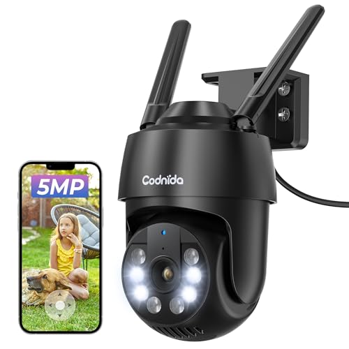 Codnida 5MP Câmara de vigilância WiFi exterior/interior, 2,4/5 Ghz PTZ câmara domicílio com detecção de movimento, visão noturna colorida, alarme de luz e som, 24/7 gravação, compatível com Alexa