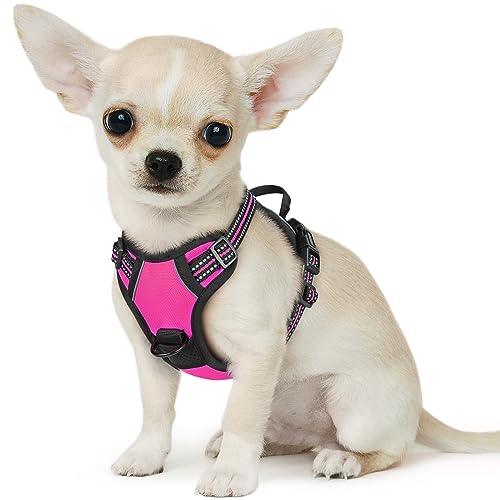 Eagloo Arnês para cães pequenos, arnês antipuxões cão anti-escape, colete acolchoado ajustável, anéis de peito e costas, material respirável com fita refletora, exercício correr, XS rosa vermelho