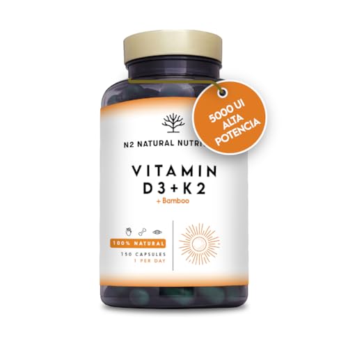 Vitamina D3 e K2. Vitamina D3 5000 ui vitamina K2 MK7 200 μg silício bambu Alta dosagem e biodisponibilidade. Contribui para o sistema imunológico. 150 cápsulas. N2 Nutrição natural