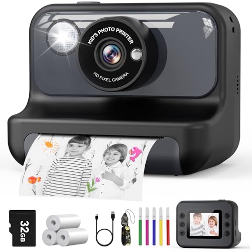 Hangrui Câmara fotos infantis instantâneas, 2,4 polegadas câmara fotos infantis com cartão de 32G, 1080P câmara instantânea para crianças com papel de impressão e canetas de cores, presentes brinquedo