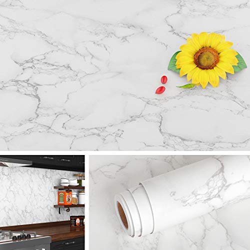 Livelynine Vinil adesivo para bancada de cozinha, 5 m x 90 cm, grandes vinil para móveis - branco mate, resistente à água - para mesas redondas