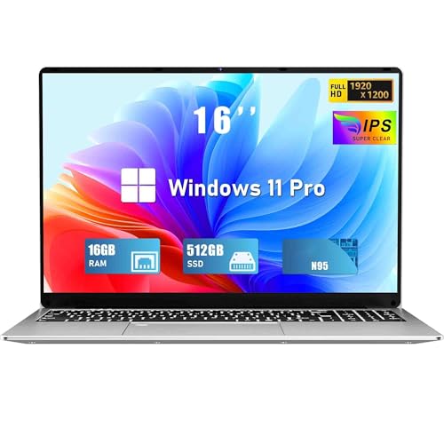 FUNYET PC portátil de 16 polegadas, 16 GB RAM, 512 GB SSD, Win11 Pro, processador N95 de 12 ª geração para computador portátil (até 3,4 GHz), FHD 1920 * 1200, abertura de ângulo de 180, teclado