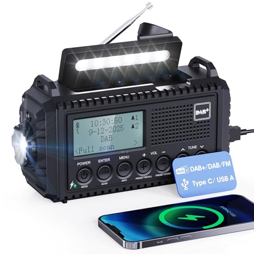 Rádio portátil Dab / FM com bateria recarregável de 5000 mAh, manivela solar alimentada por rede digital Dab para exteriores com carregador USB, alarme SOS de emergência
