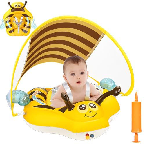 YOOHBERRYS Flotador Bebe con Sombrilla, Flotador Inflable Natación Bebés, Anillo de Natación para Bebé con Asiento Seguridad, Flotador de Piscina, Flotador Bebe para 3-24 Meses