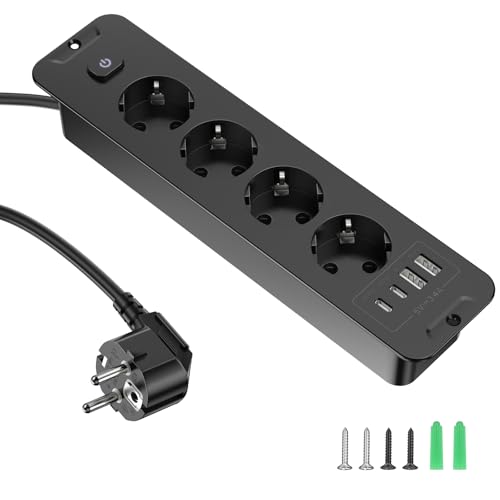 Tomada embutida com USB, 4 tomadas de mesa com USB A e Type-C, 8 n 1 mesa de mesa, tomada tripla embutida com cabo de extensão de 2 m, extensão embutida para escritório, casa, cor preta