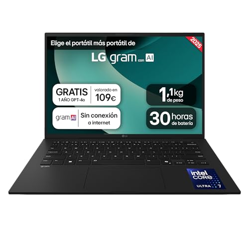LG gram 14ZD90T-G.AX78B Computador portátil Intel Core Ultra7 255H, 16 GB RAM, 1TB SSD, painel IPS antirreflexo, WUXGA, 1,120 g, 30 horas, FreeOS, preto , teclado QWERTY Espanhol