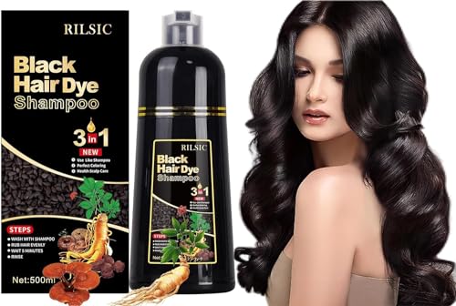 RILSIC 500 ml champô tinta cabelo preto, Black Hair Dye Shampoo 3 em 1, champô cor preta champô champô tinta canudos instantâneo cobertura cabelos brancos, cor de cabelo para homens mulheres