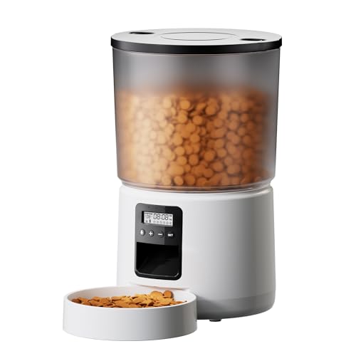 BEMOONY Alimentador de gato automático, dispensador de comida de gato 5 l com temporizador programável, 1 - 6 refeições por dia, sala de jantar automático gato com pressão na tampa e função de