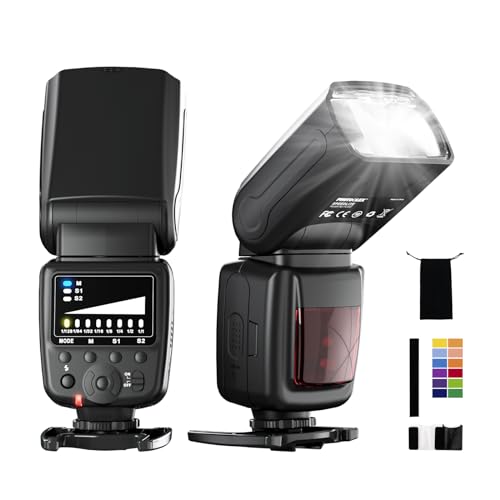 PHOTOOLEX Flash Speedlite para Canon Nikon Sony Panasonic Olympus Fujifilm Pentax Sigma Minolta Leica e outras câmaras SLR digital SLR rolo SLR e câmaras digitais com sapato de contacto único