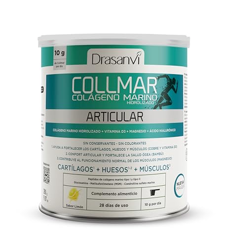 DRASANVI COLLMAR ARTICULAR Colagénio marinho hidrolizado com magnésio, glucosamina condroitina e MSM, Articulações e tendões, anti-inflamatório e reparador de tecidos, 280 g, sabor de limão