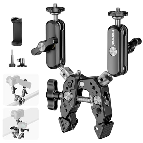 NEEWER Super Clamp com dois braços mágicos de 360° com cabeça dupla esférica, rosca de parafuso de 1/4" 3/8", adaptador de montagem de telefone e câmara de ação compatível com GoPro dji Insta360 DSLR,