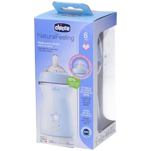 Chicco NaturalFeeling Biberão anticólicas 6 meses, 330 ml, com cetina de silicone macia e dupla válvula anticólica, fluxo rápido, alimentação natural e amamentação mista, azul