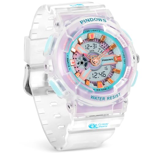 PINIDOUS Relógios para mulheres relógio estudantes adolescentes ao ar livre à prova de água relógios desportivos analógicos digitais com cronómetro alarme contagem regressiva 7 cores LED