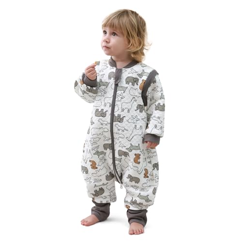 MIKAFEN Saco de dormir para bebé com pés, 2,0 TOG, 100% algodão, saco de dormir para crianças durante todo o ano, com mangas removíveis, saco de dormir com cachos, animal 3-4 anos