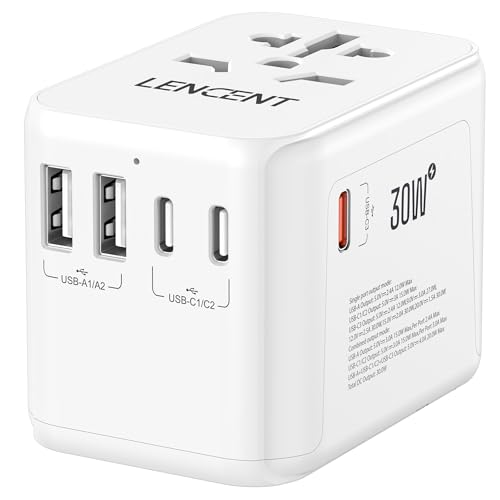 LENCENT Adaptador de tomada universal GAN 30W, carregador internacional com 2 USB-A e 3 USB-C PD carregamento rápido, adaptador de viagem para telemóveis, tablets, portátil (EUA/UE/AUS), tipo A/C/G/I,