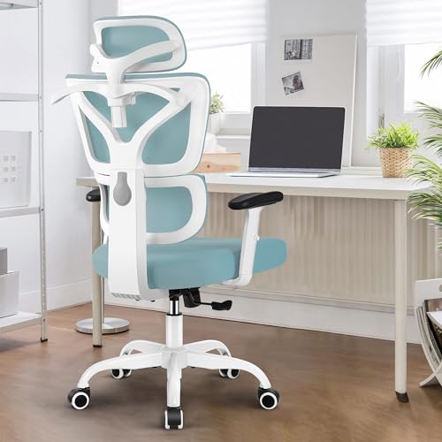 DoChair Cadeira de escritório ergonómica com encosto de malha elástica, encosto de cabeça ajustável e cadeira secretária de altura com cabide, azul claro