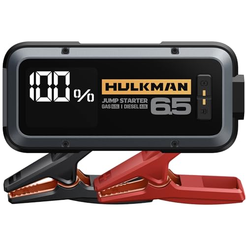 HULKMAN Alpha65 Iniciador de carros 12000 mAh 1200A iniciador de baterias de carro (para 6,5 l de gasolina ou 4,0 l de diesel) com lanterna LED, interruptor de carro portátil impermeável 65 W