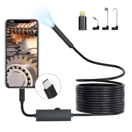 Picache Câmara de inspeção endoscópica, 1920P USB C borescópio com luz, câmara flexível com 8 luzes LED, onda impermeável IP68 para iOS e Android (5 m/16,4 pés, sem necessidade de WiFi)