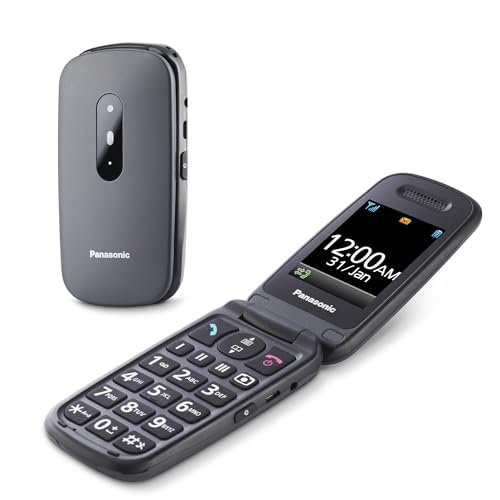 Panasonic KX-TU446EXG Telemóvel para idosos, resistente a impactos, câmera, inclui auriculares e carregador, indicador LED, cinzento