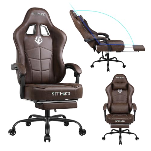 Cadeira de escritório para videojogos, cadeira grande de PC, altura ajustável, cadeira ergonómica para gamer com apoio para os pés e suporte lombar, pele sintética giratória 360°, cadeiras de tarefa