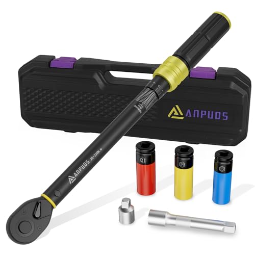 ANPUDS Chave dinamométrica 1/2', 20-220 Nm, precisão de ± 3%, conjunto de 6 peças chave dinamométrica com 125 mm de extensão, adaptador de 3/8", 3 chaves de copo de 17 mm, 19 mm, 21 mm, para carro