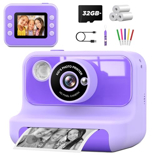 LETSHAHA Câmara instantânea para crianças 1080P 20MP 10X com papel de impressão 3D preto e cartão 32 GB - presente para 3 a 12 anos