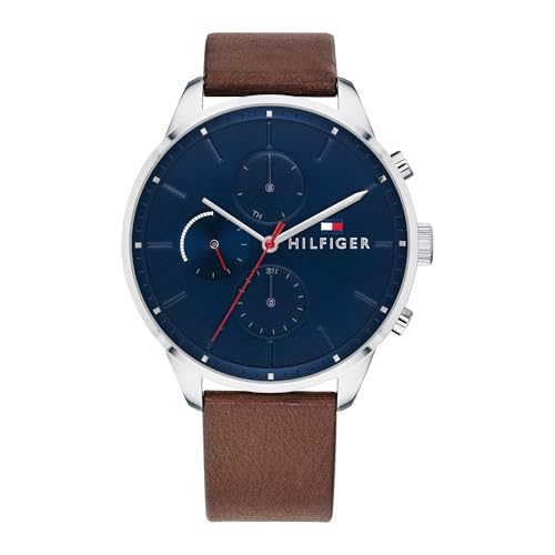 Tommy Hilfiger Relógio analógico multifuncional para homem - pulseira de couro castanho, mostrador azul-marinho de 44 mm, movimento de 3 agulhas, resistente à água até 5ATM - 1791487, Castanho