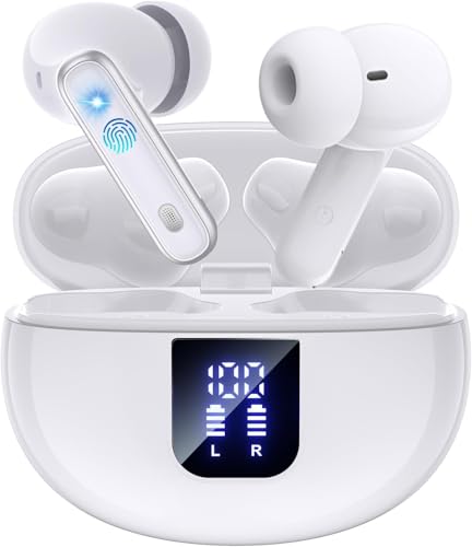 EUQQ Auriculares sem fios branco-Bluetooth 5.4 com modo transparente, ANC&ENC cancelamento de ruído profundo, microfone estéreo, 46 horas de reprodução, ecrã LED, IP7 impermeável