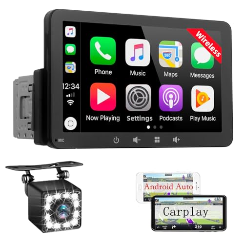 Rádio carro 1 DIN com Carplay e Android Auto sem fios, ecrã tátil de 7 polegadas, leitor de estéreo Bluetooth suporte Mirror Link para iOS/Android com câmara de apoio