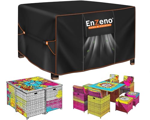 Enzeno Capa mesa exterior impermeável, capa para móveis de exterior impermeável, 125 x 125 x 74 cm, conjunto de jardim exterior aplicável a mesa e cadeiras, anti-vento, anti-UV