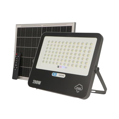 M Ledme - Foco solar LED de 200 W com controlo remoto, 2800 lúmens, intensidade de luz ajustável, IP65, cor luz fria (6000k), bateria de grande capacidade de 20.000 mAh. Comprimento do cabo 2,10 m