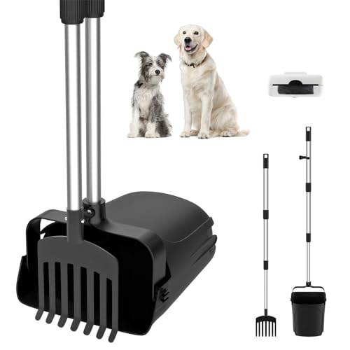 Coletor de excrementos para cães, conjunto de ancinho e cubo giratório com 20 sacos de lixo, pá de cabo comprida ajustável para remover resíduos cacos de animais de estimação em pátio relva, preto
