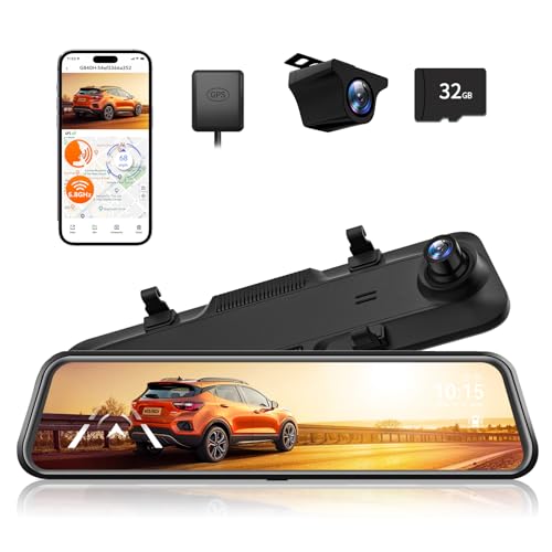 WOLFBOX 2,5 K G840H 12 polegadas espelho retrovisor com câmara ADAS e BSD, 5,8 GHz WiFi, controlo por voz câmara retrovisor carro monitor de estacionamento, cartão 32 GB e GPS, gravação em loop