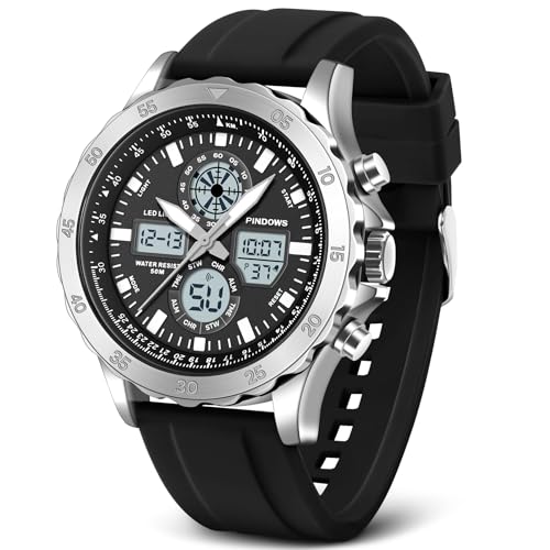PINIDOUS Relógios para homem relógios desporto militar relógios impermeáveis relógios analógicos digitais relógios de aço inoxidável com alarme cronómetro LED hora campainha relógio multifunções