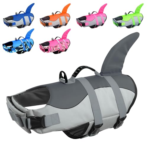 CITÉTOILE Colete salva-vidas para cães, colete salva-vidas para animais de estimação para piscina, praia, canoagem, para treino de cães pequenos, médios e grandes com pega de resgate, cinzento M