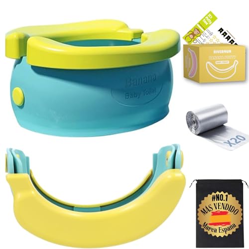 RIVERMUM® Orinal portátil crianças dobrável, urinol portátil banana, WC portátil para crianças, dobrável e divertido, ideal para casa, carro ou viagens, inclui 20 bolsas, calendário e bolsa de