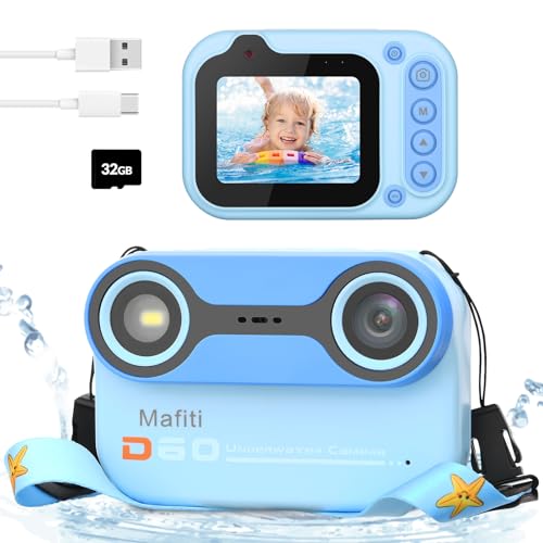 Mafiti Câmara digital impermeável para crianças. Câmara subaquática para mergulho e snorkel. Ecrã IPS de 2,4". Recarregável por USB. para vídeos e fotos aquáticas. Cartão de 32 GB incluído. Azul