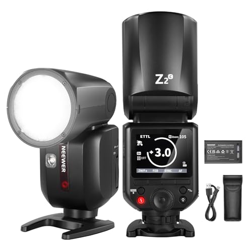 NEEWER Z2-C 2,4 G TTL Flash Speedlite cabeça redonda compatível com Canon, 76 Ws 1/8000s Flash HSS com UI aprimorada, 2 lâmpada modelo, interruptor TCM rápido TTL/M, bateria de 7,2 V / 3000 mAh 600