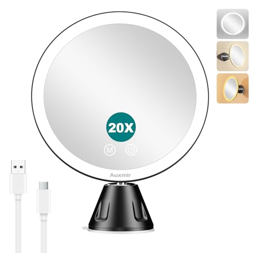 Auxmir Espelho de maquilhagem com luz LED, 20 x espelho de aumento de casa de banho com ventosa, 2000 mAh USB recarregável, 360 rotação, 3 cores ajustáveis, portátil, para barbear depilação