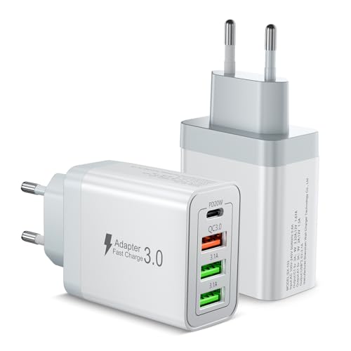 2 Pack carregador USB C 40W, carregador iPhone carregamento rápido, 4 portas tomada USB, múltiplos carregadores PD+QC3.0 rápido parede adaptador tipo C para iPhone 16 15 14 13 12 Pro Max, iPad