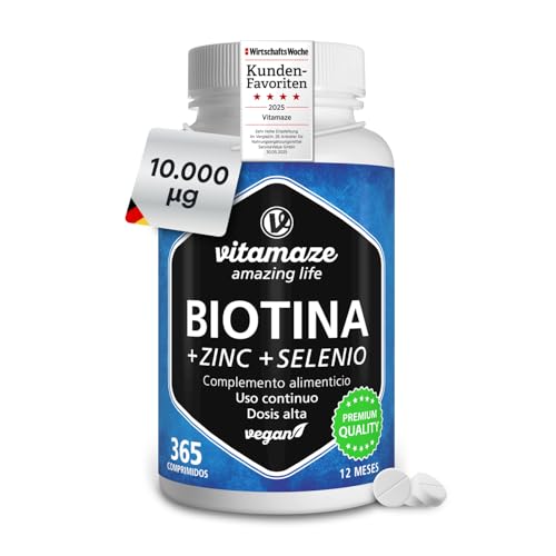 Vitamaze® Biotina 10 000 mcg de doses altas de selénio e zinco para o crescimento do cabelo e das unhas, 365 comprimidos veganos para 1 ano, qualidade alemã, sem aditivos desnecessários