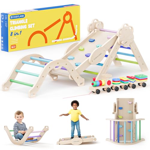 COSYLAND 8 em 1 triângulo de escalada Montessori com arco e rapa, conjunto dobrável infantil, brinquedo de madeira resistente para interiores, crianças 18 meses - 6 anos, cores frias, médio