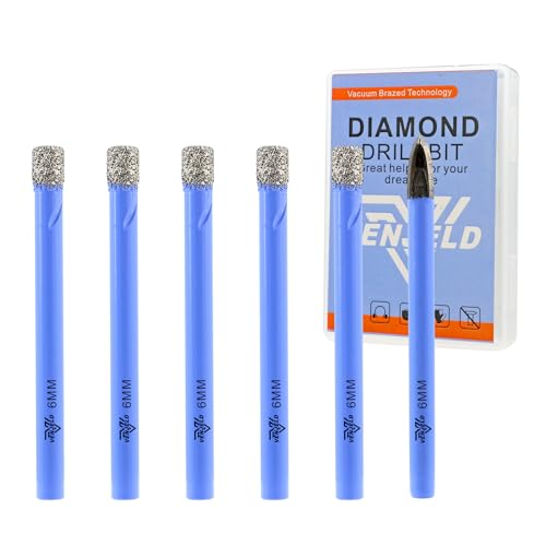 VENJELD Conjunto de brocas diamante seco - 5 peças 6 mm coroa diamante e 1 peça 6 mm broca de carbono para porcelana cerâmica mármore granito - haste redonda com estojo