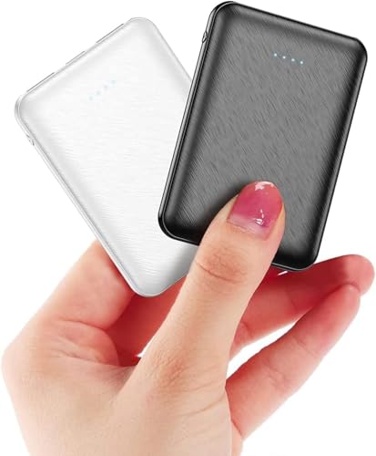 2 pacotes de mini Power Bank pequeno mas forte, 5000 mAh, bateria externa portátil, bateria externa com cabo, bateria externa leve (branco e preto)